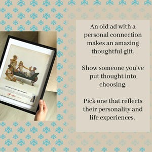 May include: A framed vintage advertisement featuring a group of people on a sofa. The ad is held by hands against a patterned background. Text on the right side reads: "An old ad with a personal connection makes an amazing thoughtful gift."
