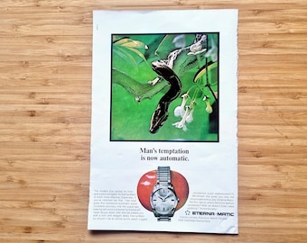 Vintage Watch Advertisement Print, Eterna Matic Automatic Snake Illustration, 1960s Original Magazine Ad Page, Mid Century Wall Art