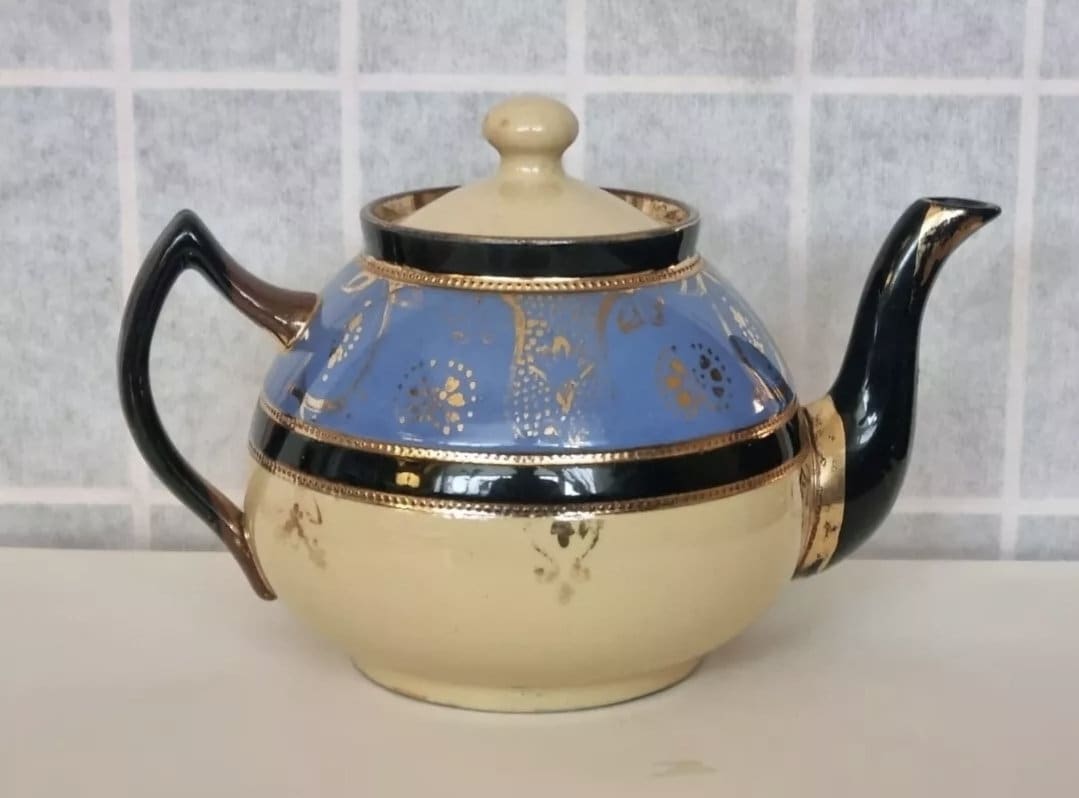 ヴィンテージ サドラー ティーポット | ブルー ゴールド クリーム