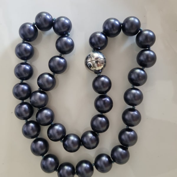 Navy Midnight Blue Bead Necklace Magnetic Clasp Jewellery Collar Individually Knotted Large Heavy Glossy Statement Piece Shiny Short Style