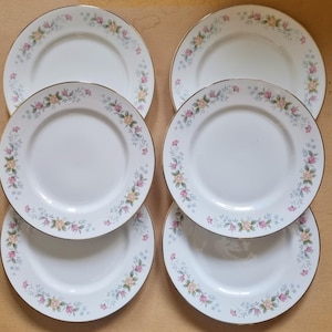 Pode incluir: Seis pratos de cerâmica branca com um design floral em tons de rosa, amarelo e verde. Os pratos têm uma borda dourada.