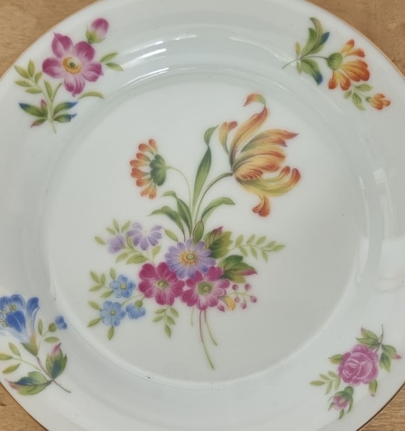 Vintage Floral China Plate | Orange Pink Blue Flowers | Small