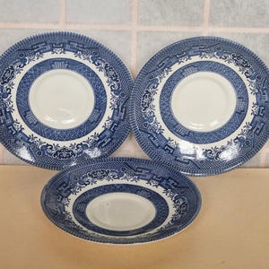 3 oude blauwe wilgen schotelborden, vervanging voor theekopset, Churchill China Engeland, vintage Engels keukengerei, blauw en wit servies