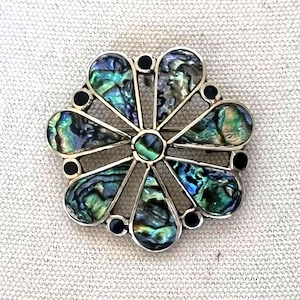 Abalone Shell Flower Brooch in Alpaca Silver, Iridescent Green Vintage Jewellery Alpaca Mexico