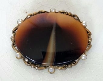 Broche Vintage En Agate Rayée Marron Ovale - Monture Argent Alliage - Occasion