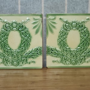 Minton Hollins Green Wreath Tiles | Victorian Antique Architectural Salvage | Decorative Fireplace Tiles | Collectible Ceramic Art