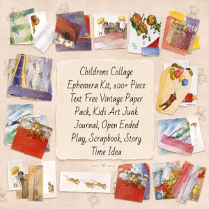 Kit de collage infantil con más de 100 piezas de papel vintage sin texto, ideal para diarios de arte infantil, juegos creativos, álbumes de recortes y cuentos.
