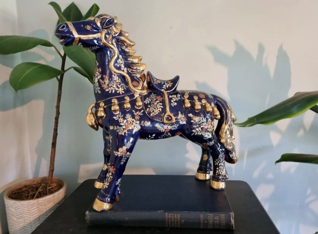 大型中国製七宝焼き馬 | ヴィンテージ コバルト ブルー ゴールド