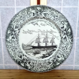 Black Transferware Ship Plate, Vintage Nautical Wall Decor, Sailing Ship Art, Traditional Study Decor, Wall Plate