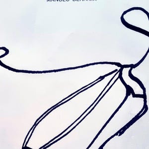 May include: A black and white line drawing of a shoe, with a curved, looping design above it. The shoe is elongated with parallel lines, and the overall style is minimalist and artistic.