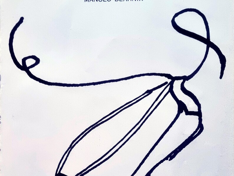 May include: A black and white line drawing of a shoe, with a curved, looping design above it. The shoe is elongated with parallel lines, and the overall style is minimalist and artistic.