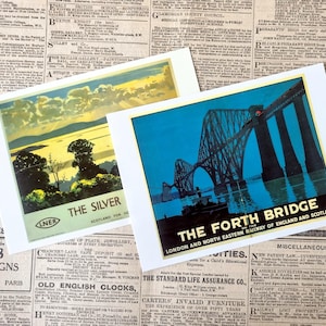 May include: Two vintage travel posters. One features a bridge over water with the text "THE FORTH BRIDGE" and the other shows a landscape with the text "THE SILVER". Both are on a newspaper background.