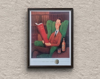 Long John Scotch Whisky Magazine Advertisement, “The Long Story” Reading Illustration, Original Vintage Paper Ephemera