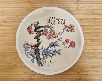 Oriental Display Plate Cherry Blossom, Hand Painted Stoneware, Korean Stoneware Plate, Vintage Haeng Nam Sa Korea, Asian Decor