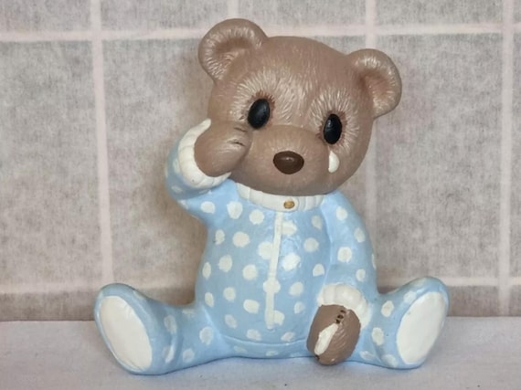 Crying Teddy Bear Statue | Vintage Blue Polka Dot Porcelain