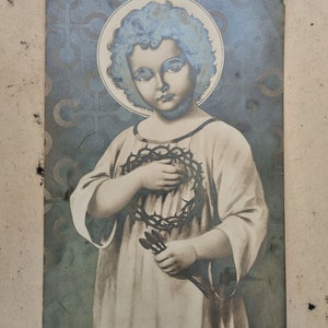 Art religieux antique | Lithographie de l'Enfant Jésus | Dévotion catholique vintage | Couronne d'épines | Carte sacrée 19 x 12 cm | Cadeau chrétien
