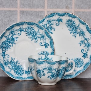Antique English Tea Cup Trio | Victorian Blue White China | Ornate Floral Scrollwork Pattern | Scalloped Plates | Worn Gold Trim | Tea Set