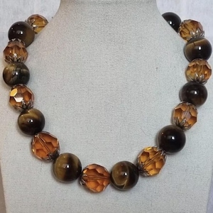 Tigerauge Statement Halskette | Chunky Braun Edelstein Kristallglas Perlen | Vintage Schweres Naturstein Halsband