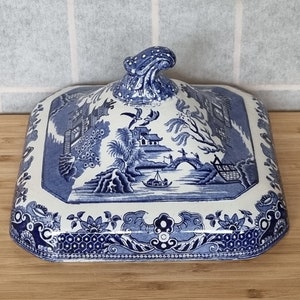 Viktorianische Blaue Weide Topfdeckel | Große Antike Englische Transferware Hülle | Pagode Szene Oriental Design Sammlerstück aus Keramik