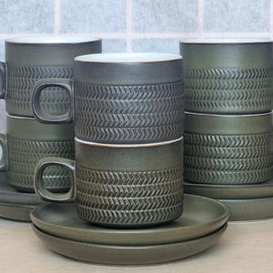Denby Chevron Cup Set | 1960s Gill Pemberton Design | 6 Cups & Saucers | Khaki Green Stoneware | Mid Century Modern Coffee Set