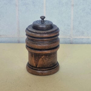 Vintage kryddhållare i trä, viktoriansk köksgryta, svarvad träbehållare, rustik bordsdekoration