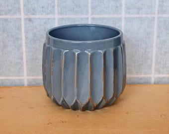 Slate Blue Ceramic Planter | Modern Ribbed Indoor Plant Pot | Geometric Flower Container | Textured Vertical Pottery Decor