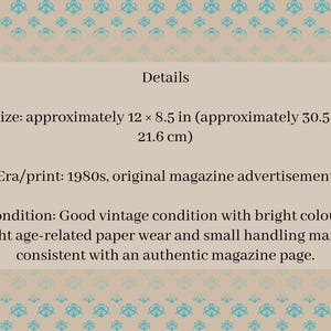 May include: A vintage magazine advertisement from the 1980s, approximately 12 x 8.5 inches. The text details the size, era, and condition, noting bright colors and minor wear consistent with age.