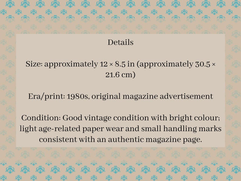 May include: A vintage magazine advertisement from the 1980s, approximately 12 x 8.5 inches. The text details the size, era, and condition, noting bright colors and minor wear consistent with age.