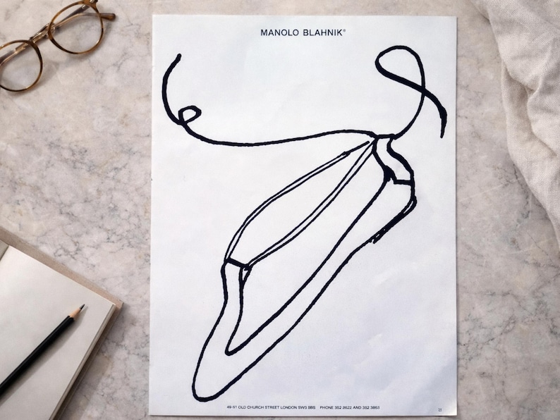Vintage Magazine Advertisement Page, Manolo Blahnik Shoe Illustration, 1980s Minimal Fashion Art, Designer Heel Wall Decor image 1