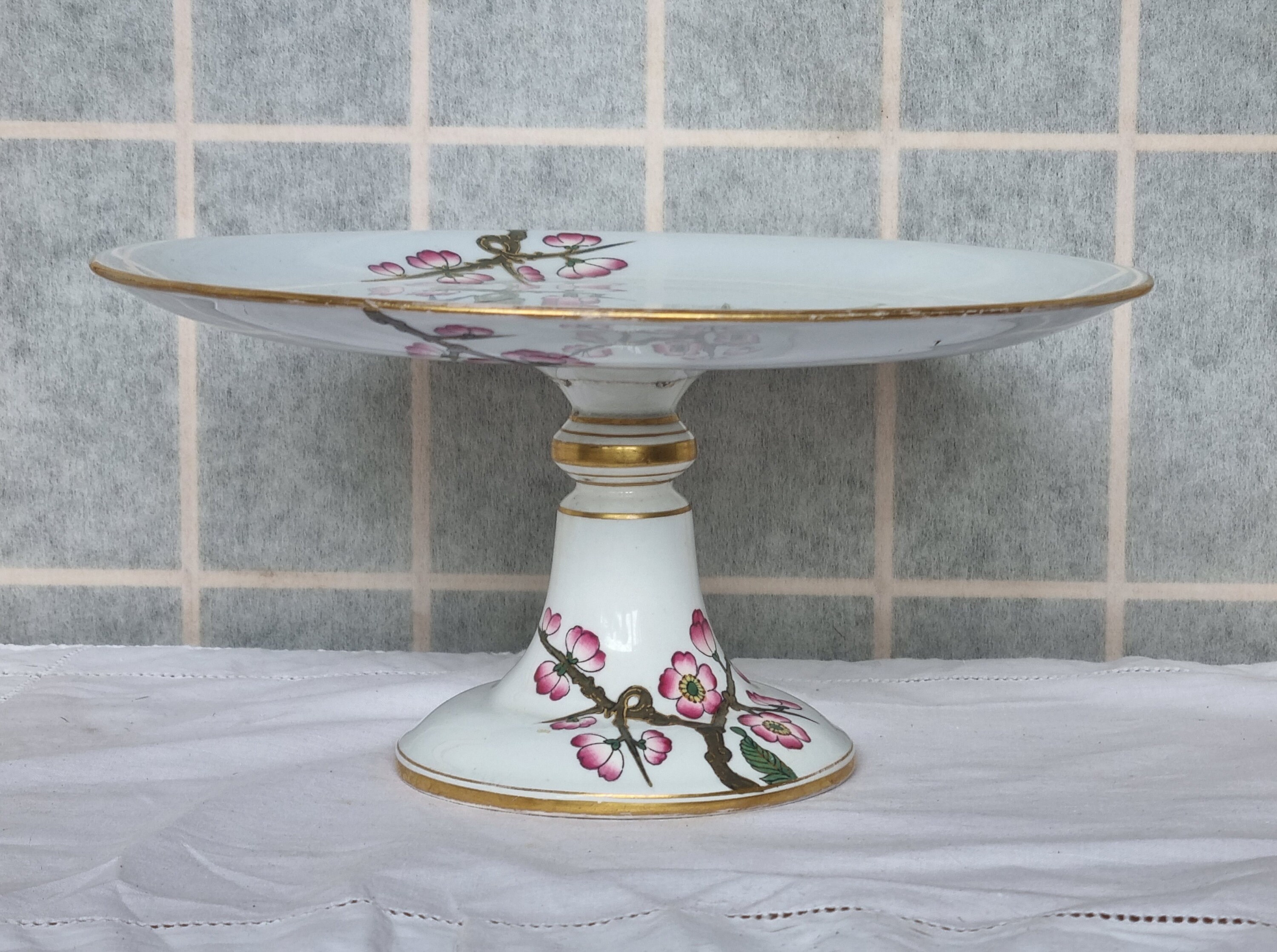 Antique Chinoiserie Cake Stand | Hand Painted Cherry Blossom Bird