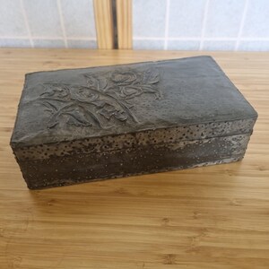 Arts & Crafts Box | Vintage Pewter Floral Design | Wood Jewelry Storage | Antique Rose Pattern Organizer 9x5x2.5&quot;