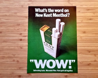 Retro Advertising Art Page, Kent Menthol 1970s Print, Bold Cigarette Poster, Collector Ephemera Decor