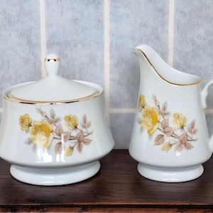 EIHO Yellow Rose Sugar & Creamer Set | 1936 Japanese Porcelain | Vintage Tea Service | White Gold Trim Floral China