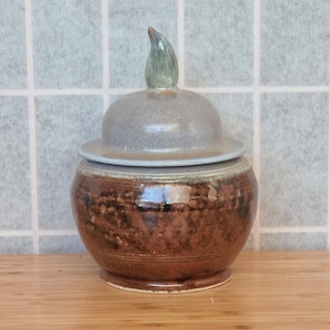 British Studio Pottery Jar | Signed Art Pottery Lidded Container | Brown and Grey Ceramic Vessel | Handcrafted Stoneware
