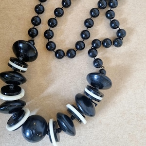 Long Black White Bead Necklace | Vintage Graduated Mod Statement Jewelry | Retro 60s 70s Chunky Opera Length