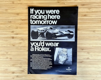 1960s Rolex Datejust Ad | Grand Prix Racing Advert, “If you were racing here tomorrow, you’d wear a Rolex” | Jackie Stewart Formula 1 F1