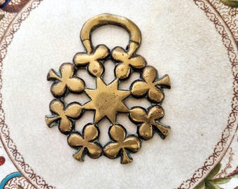 Vintage Horse Brass Medallion, Shamrock Clover Star, 1960s British Stableware, Patinated Equestrian Decor, Good Luck Charm