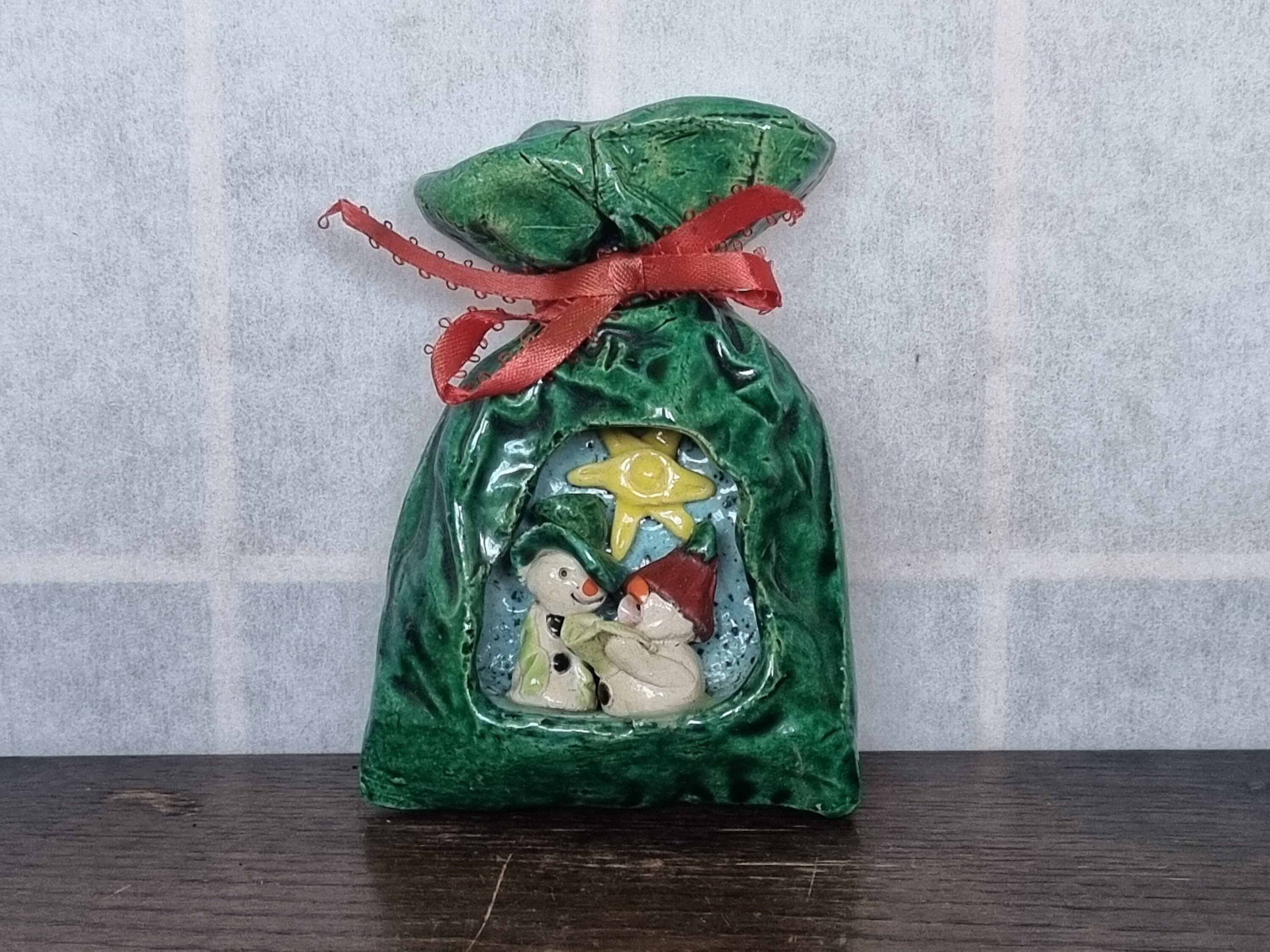 Vintage Christmas Ceramic Bag Ornament | Handmade Pottery Santa Snowman Figurine | Green Holiday Decor Gift | Cute Winter Display Piece