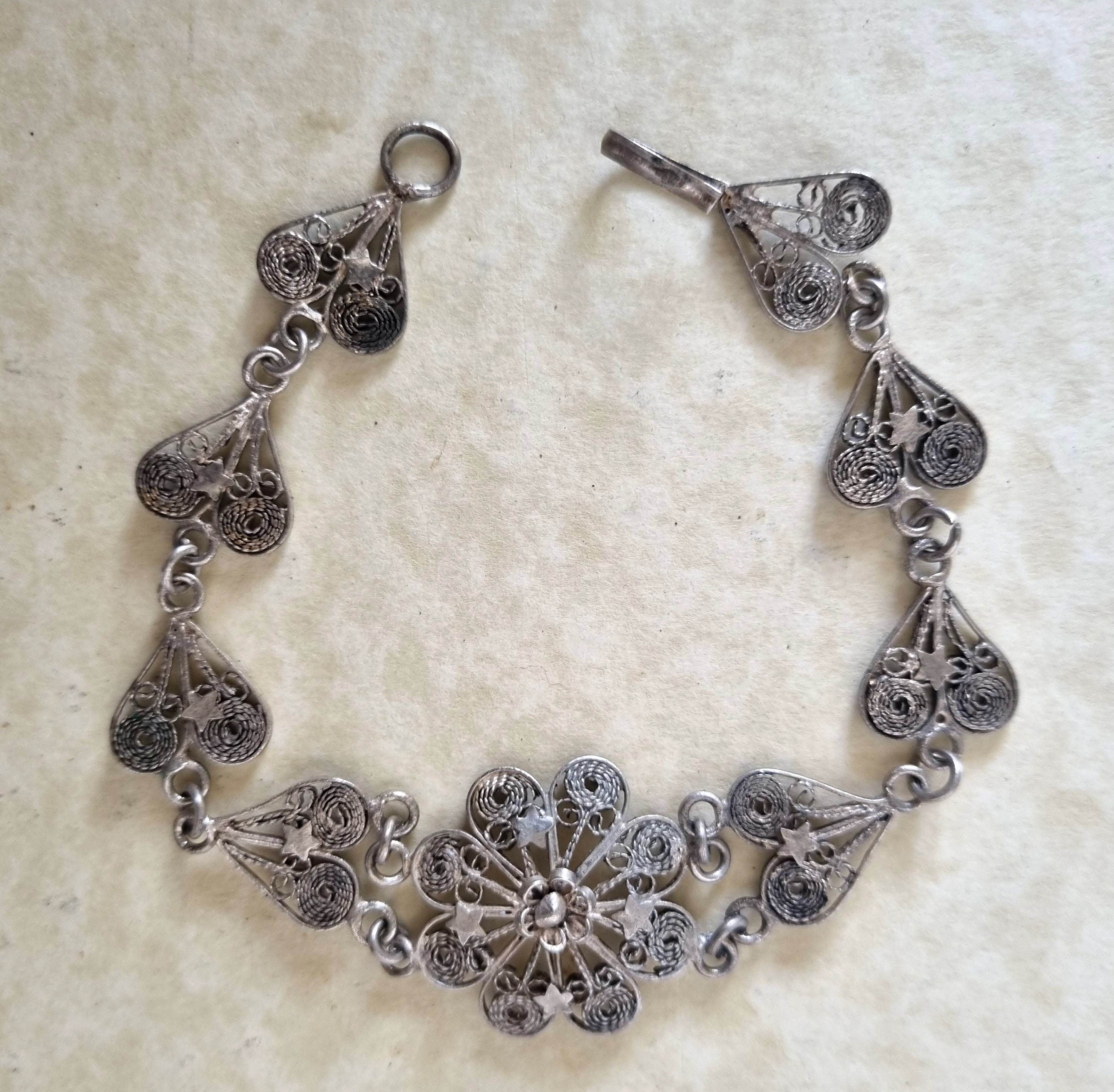 骨董、シルバー腕輪、シルバー925 Silver Filigree Heart Bracelet | Vintage 1960s Star Flower