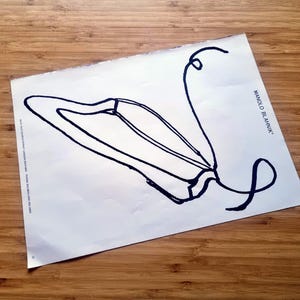 May include: A white paper with a black line drawing of a shoe, with the text "MANOLO BLAHNIK" in black. The paper is on a wooden surface. The shoe design has a curved shape with a long, looping line.