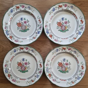 Spode Chinese Rose Plates | Antique English Chinoiserie Set of 4 | 9 inch Green Trim | Vintage Copeland Floral Dining China