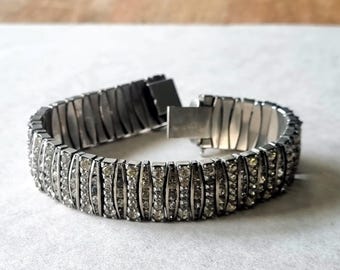 Bracelet Art Déco Vintage Schreiber & Hiller 1930 - Métal Argenté, Onyx Et Strass 19-20 Cm