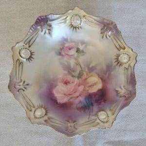 Shore Coggins Antique Rose Bowl | Victorian Hand Painted Porcelain Dish | Pink Yellow Roses Gold Trim | Staffordshire China 1905