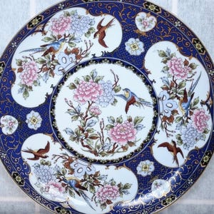Japanese Bird Plate | Vintage Floral Porcelain Wall Plate with Pink Peonies and Flying Birds | Hand Painted Asian Decor