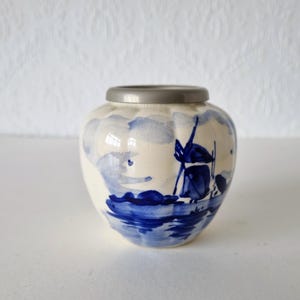 Delft Pottery Small Jar, Hand Painted Blue White Windmill Design, Holland Ceramic Lidded Pot, Dutch Delftware Decor