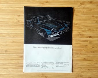 Vintage Car Magazine Advertisement, Volkswagen Karmann Ghia Sports Coupe Concept, 1960s Print Illustration, Mid Century Automotive Design