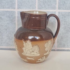 Royal Doulton Harvest Jug | Antique Stoneware Pitcher | Two-Tone Brown Relief Figures Farmhouse 6 Inch