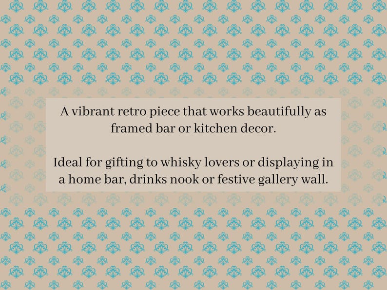 Puede incluir: Una pieza decorativa de estilo retro con un patr&oacute;n floral turquesa repetido sobre un fondo beige. El texto dice: "Una pieza retro vibrante que funciona maravillosamente como decoraci&oacute;n enmarcada para bar o cocina."