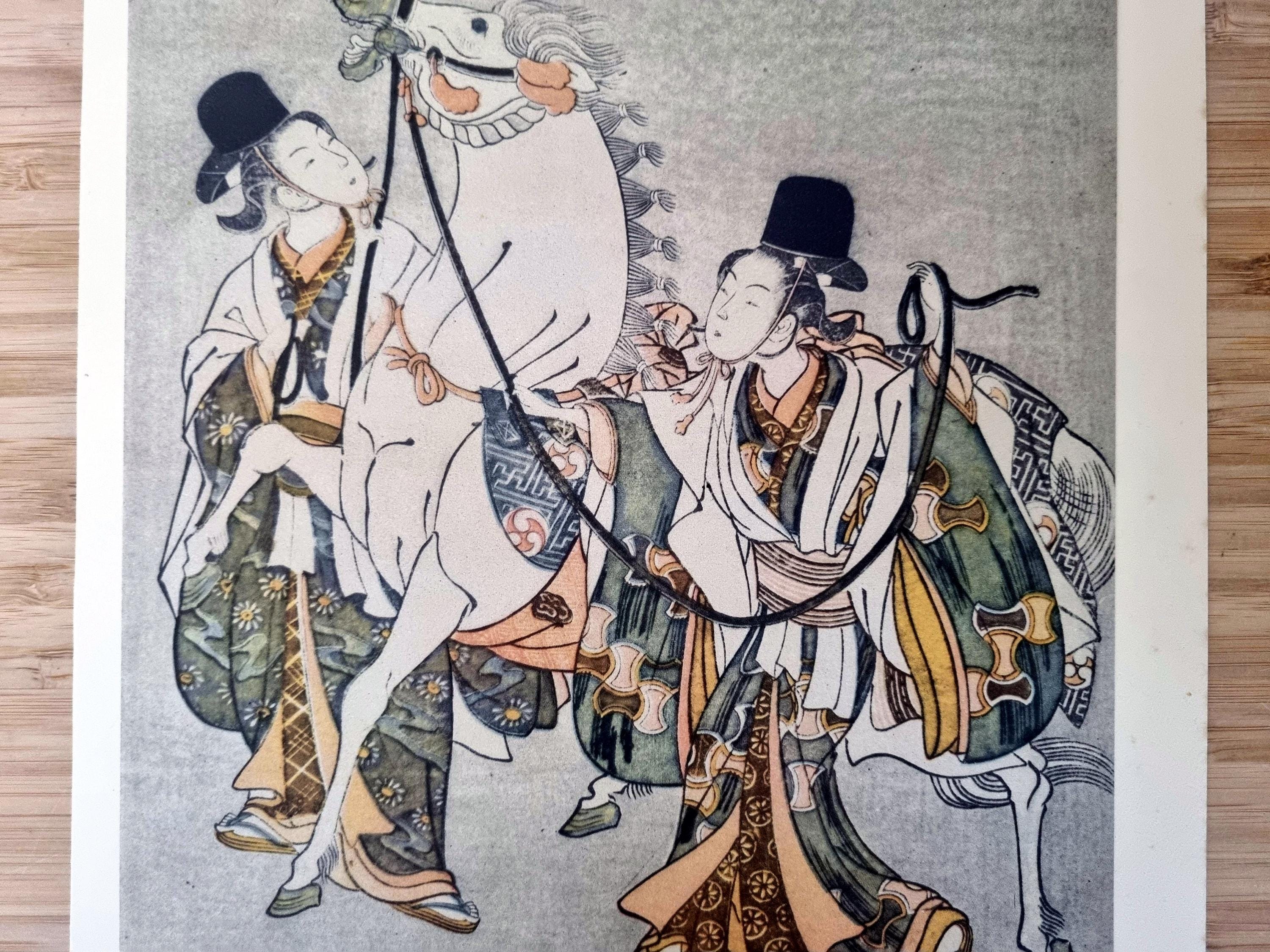 鈴木春信「聖なる白馬」カラー版画、1950年代の日本の浮世絵複製