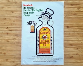 Vintage Spirituosen-Werbung,Gordon's Gin 1960er Jahre Weihnachtsillustration, London Dry Flasche Bar Wandkunst